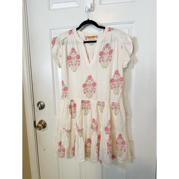 Oliphant Dress Women Size M Algarve Pink Floral Roll Sleeve Tiered Mini Sundress - Picture 3 of 11